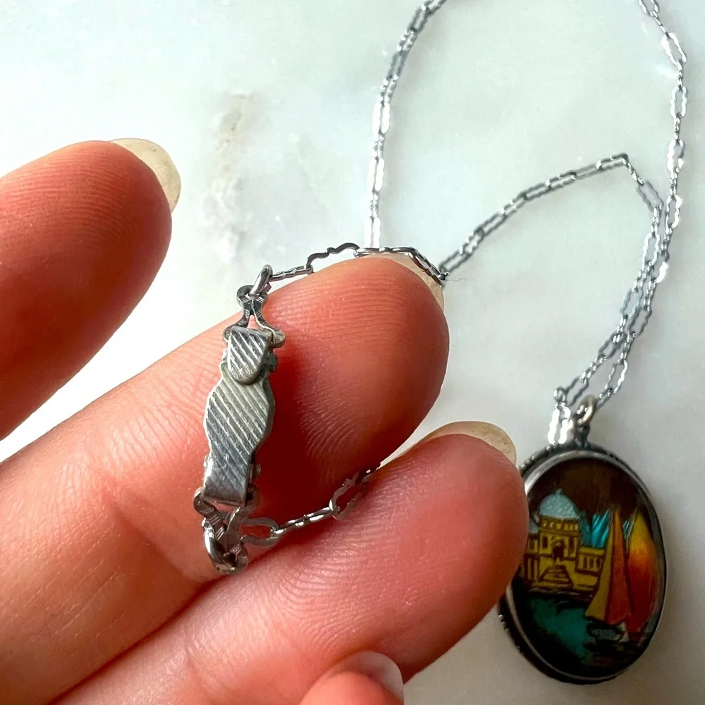 Art Deco 1920s Sterling Silver Butterfly Wing Pendant & Chain, Hand-Painted - Picture 6 of 6